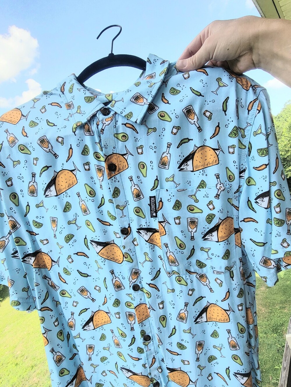 FLOMOTION Men's LG Mexican Fiesta Tuna Fish Taco Tequila Lightweight Blue Shirt